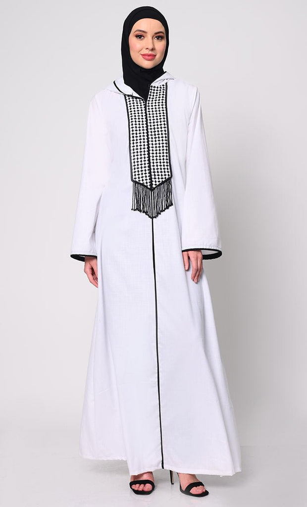 Tassel - Adorned White Hoodie Abaya with Pockets - EastEssence.com