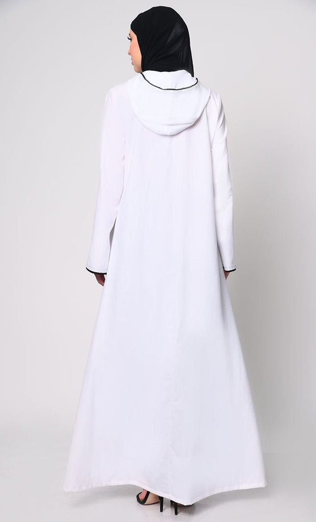 Tassel - Adorned White Hoodie Abaya with Pockets - EastEssence.com