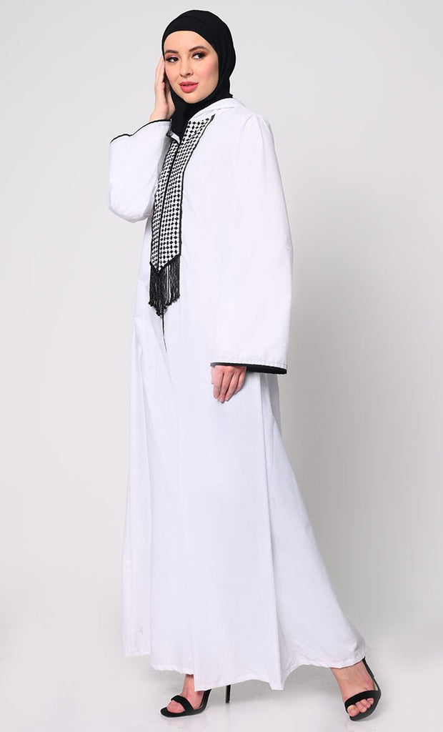 Tassel - Adorned White Hoodie Abaya with Pockets - EastEssence.com