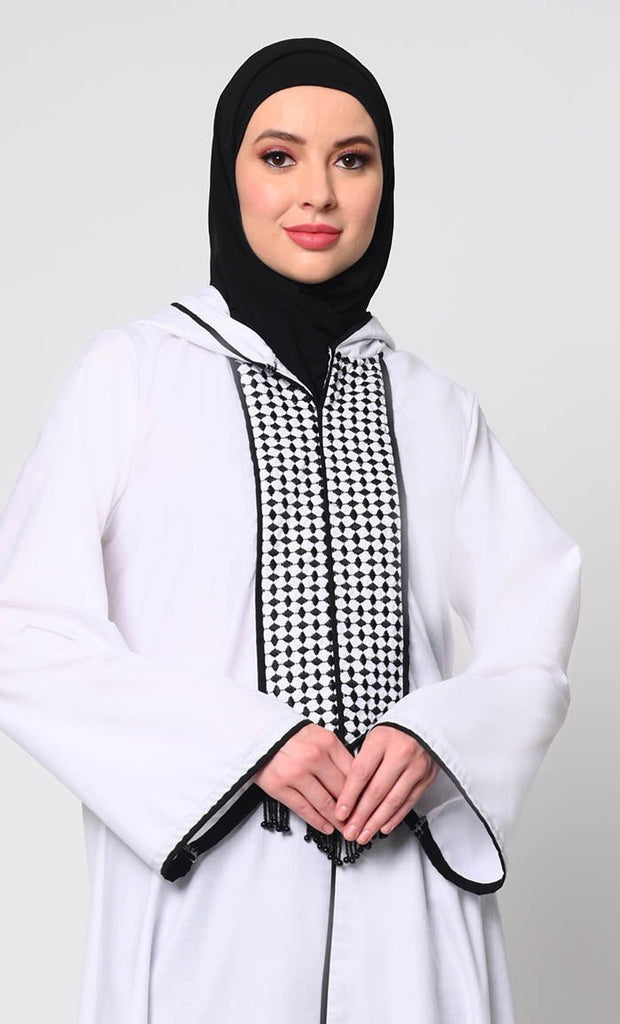 Tassel - Adorned White Hoodie Abaya with Pockets - EastEssence.com