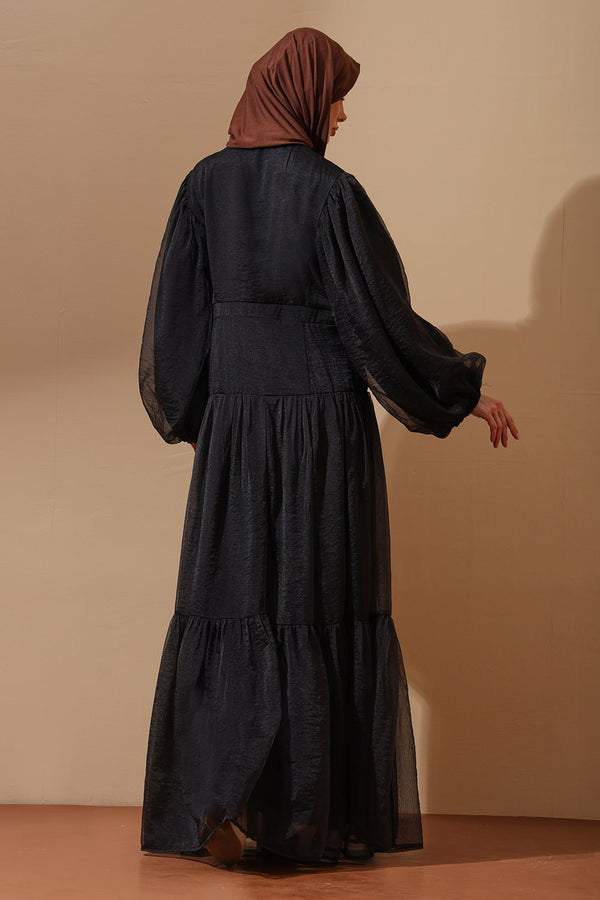 Textured Black Abaya with Dramatic Puff Sleeves - EastEssence.com