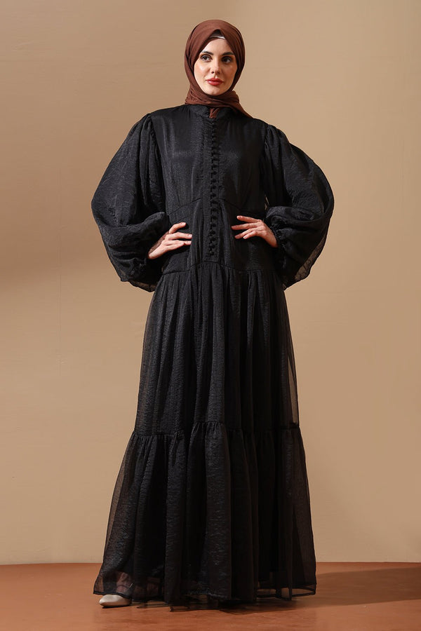 Textured Black Abaya with Dramatic Puff Sleeves - EastEssence.com