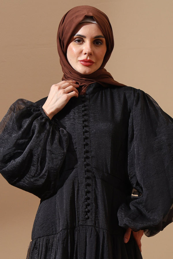 Textured Black Abaya with Dramatic Puff Sleeves - EastEssence.com