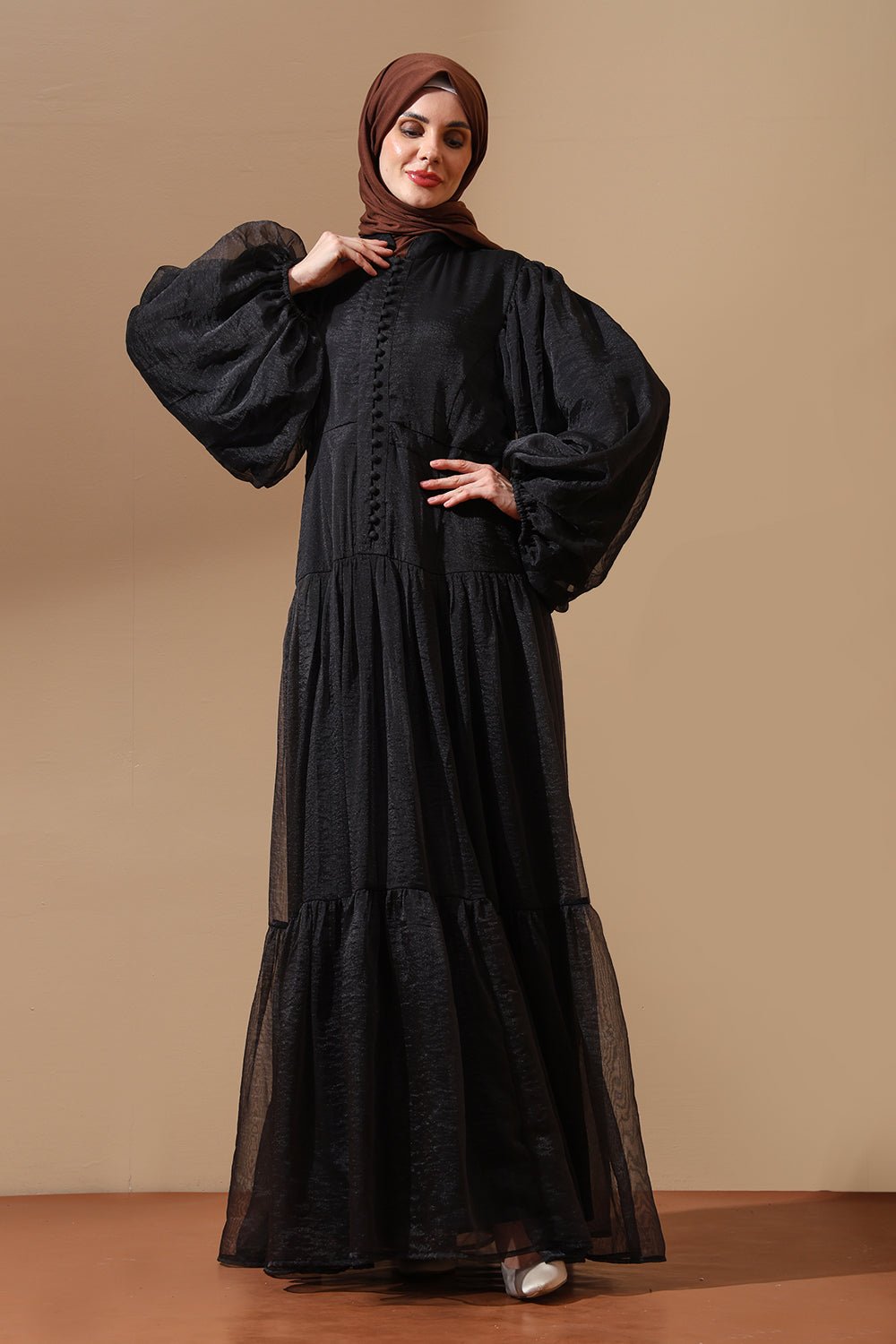 Textured Black Abaya with Dramatic Puff Sleeves - EastEssence.com