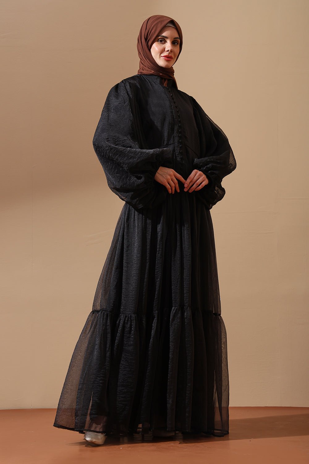 Textured Black Abaya with Dramatic Puff Sleeves - EastEssence.com