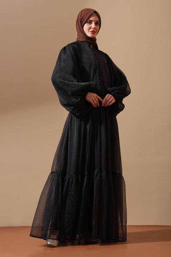 Textured Black Abaya with Dramatic Puff Sleeves - EastEssence.com