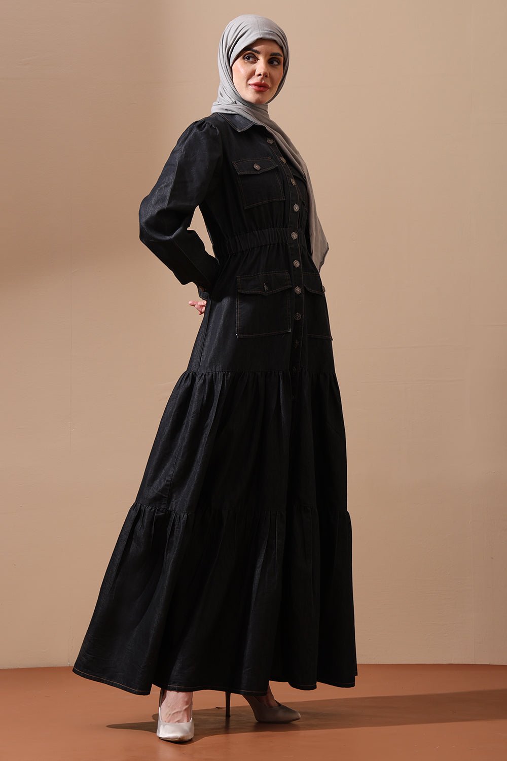 Tiered Denim Abaya Dress with Cinched Waist and Utility Pockets - EastEssence.com