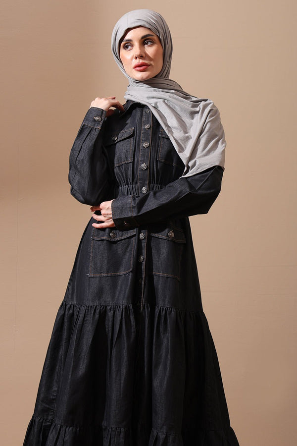 Tiered Denim Abaya Dress with Cinched Waist and Utility Pockets - EastEssence.com