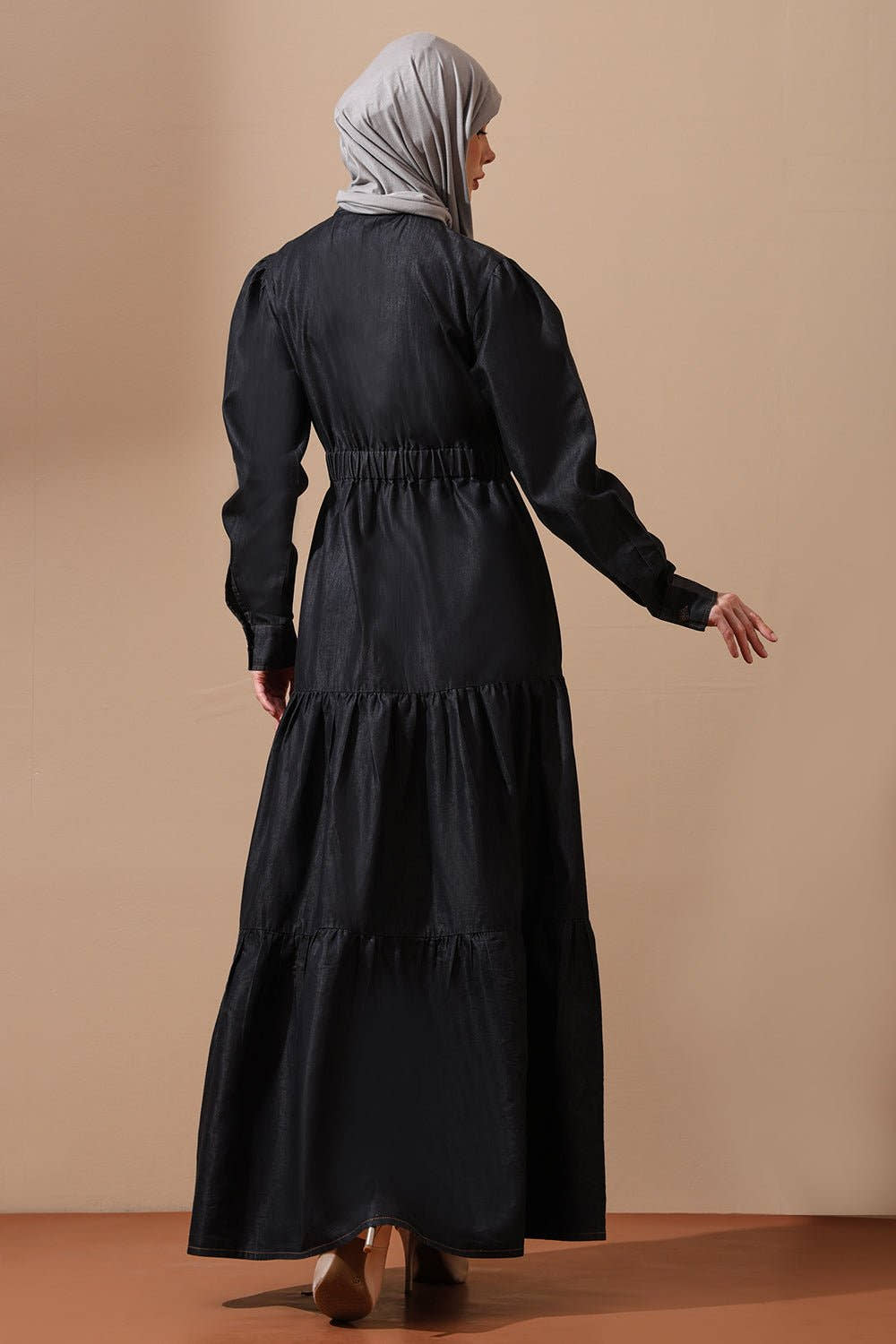 Tiered Denim Abaya Dress with Cinched Waist and Utility Pockets - EastEssence.com