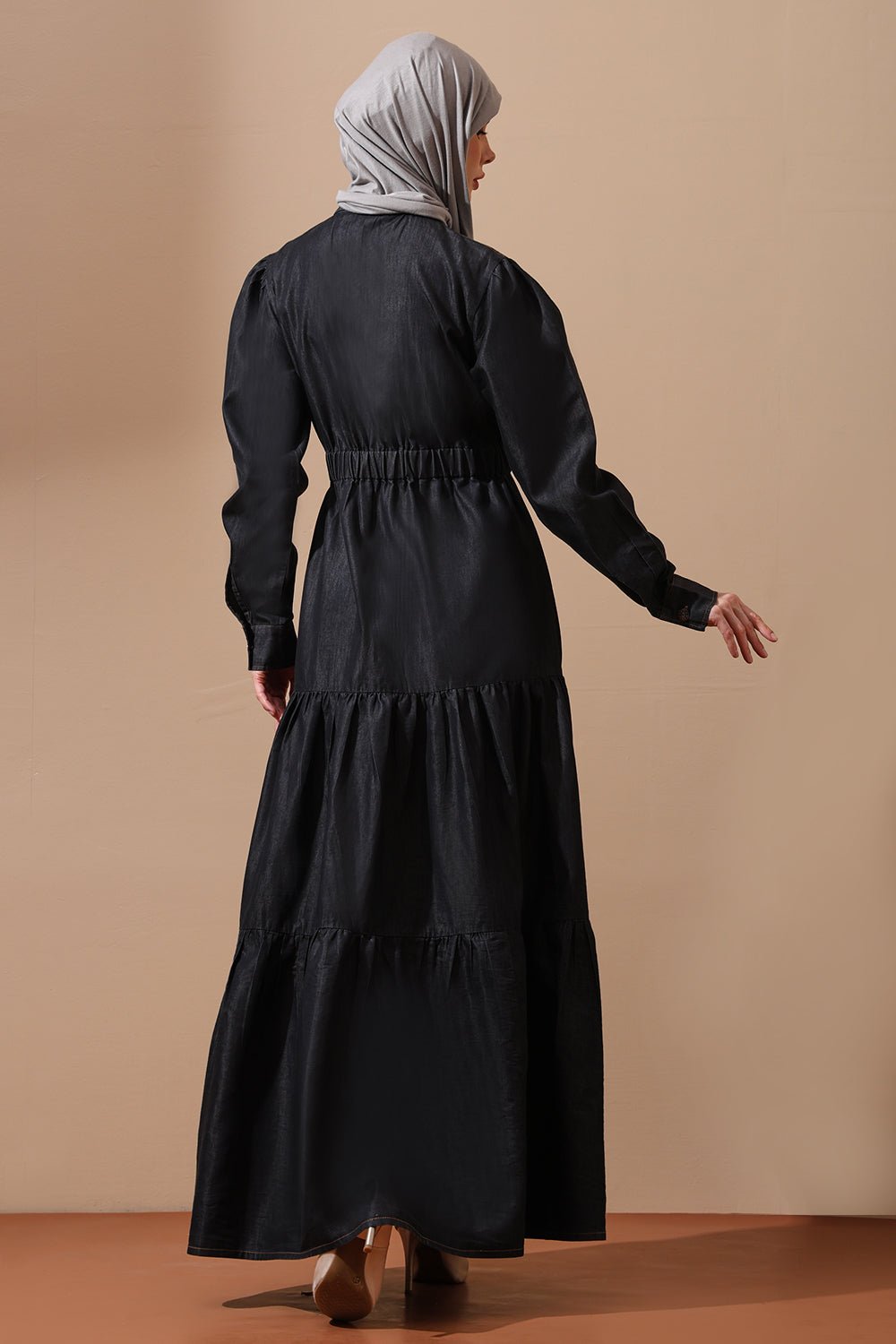 Tiered Denim Abaya Dress with Cinched Waist and Utility Pockets - EastEssence.com