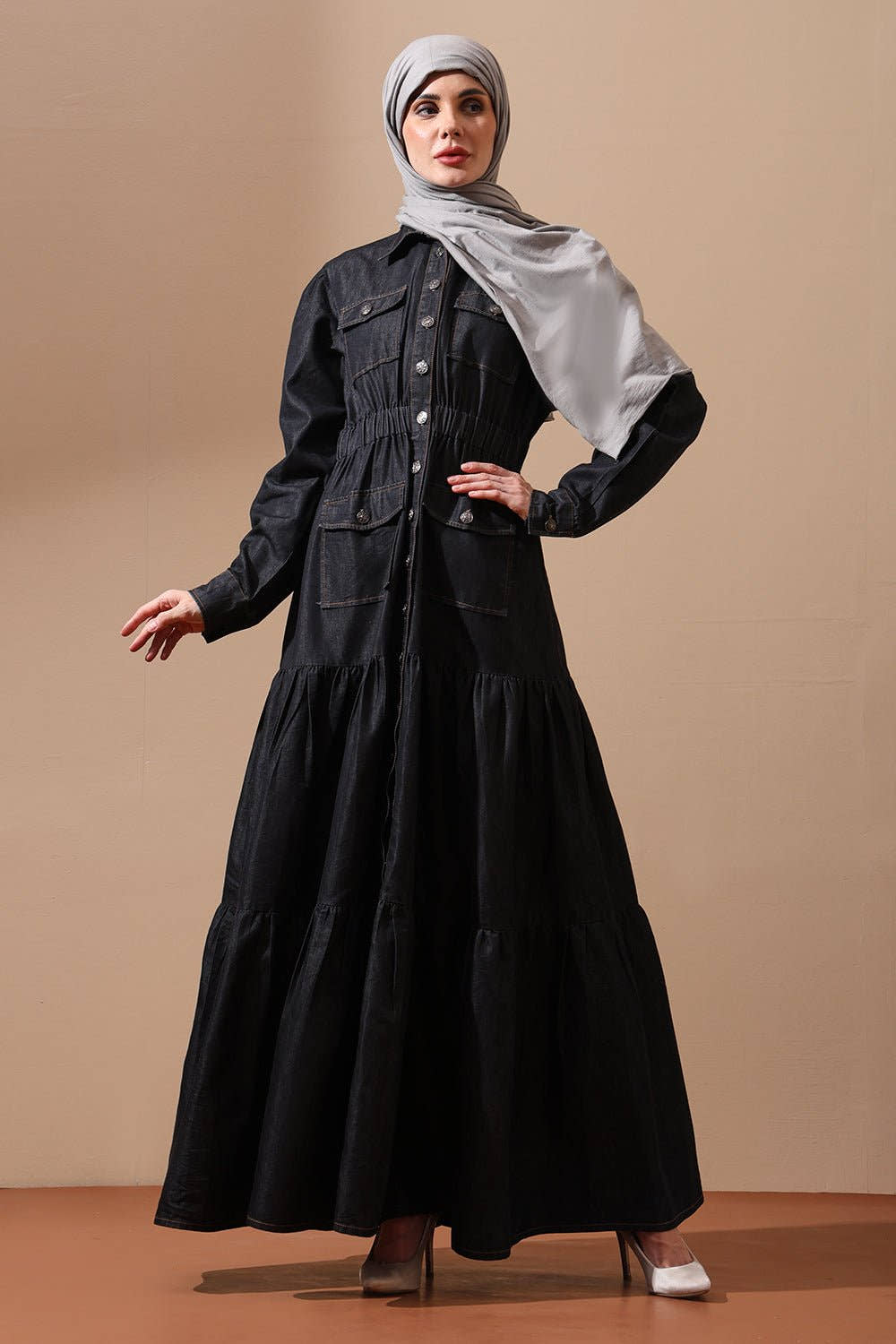Tiered Denim Abaya Dress with Cinched Waist and Utility Pockets - EastEssence.com