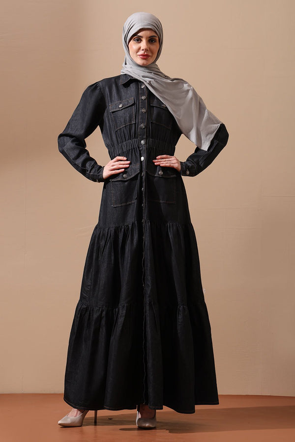 Tiered Denim Abaya Dress with Cinched Waist and Utility Pockets - EastEssence.com