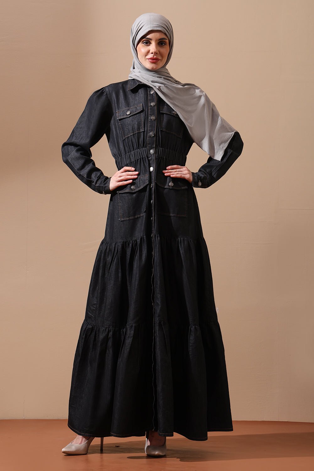Tiered Denim Abaya Dress with Cinched Waist and Utility Pockets - EastEssence.com