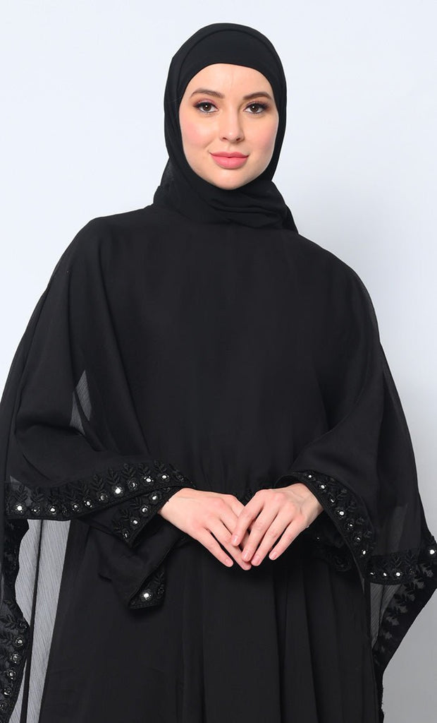 Timeless Beauty: 3Pc Black Embroidered Abaya, Cape, and Dupatta Ensemble - EastEssence.com