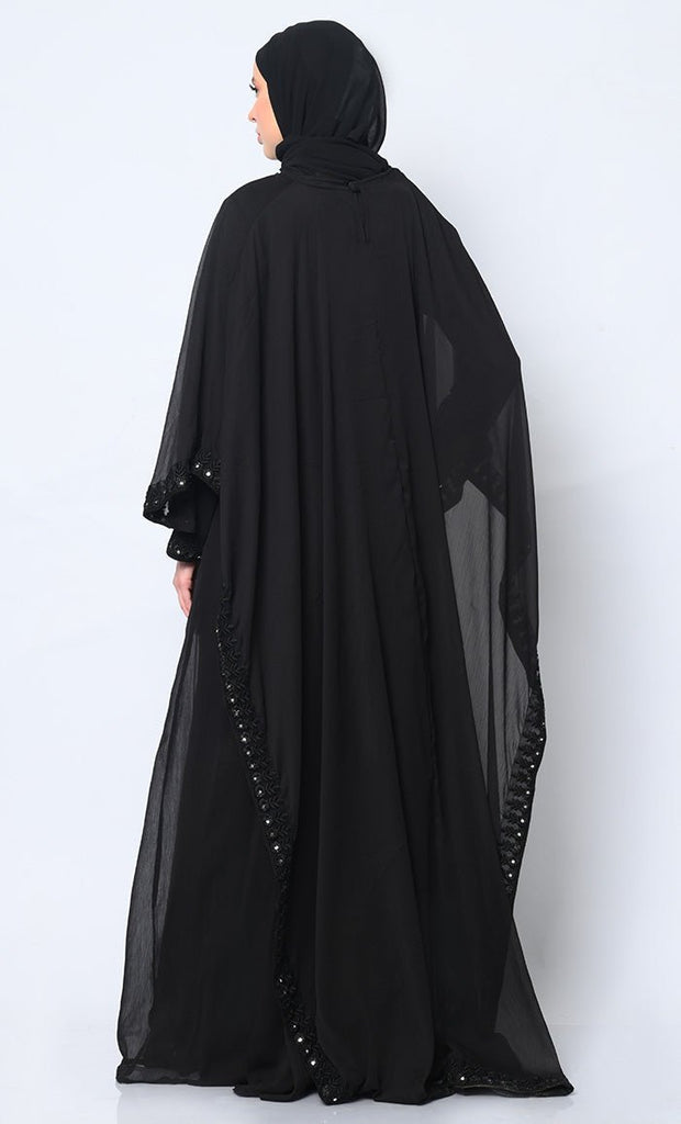 Timeless Beauty: 3Pc Black Embroidered Abaya, Cape, and Dupatta Ensemble - EastEssence.com