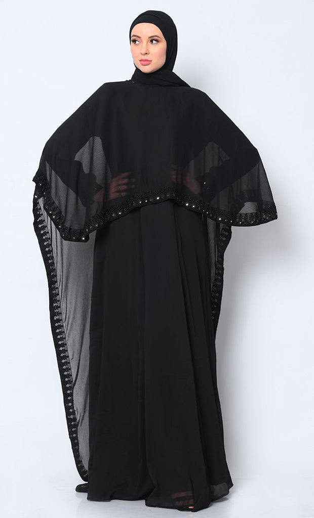 Timeless Beauty: 3Pc Black Embroidered Abaya, Cape, and Dupatta Ensemble - EastEssence.com