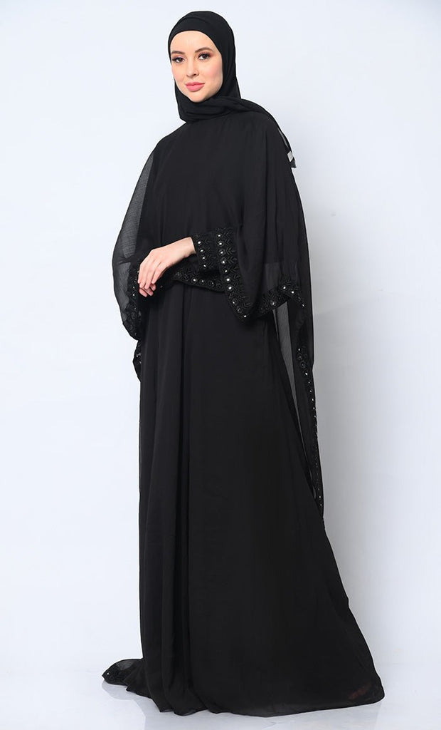 Timeless Beauty: 3Pc Black Embroidered Abaya, Cape, and Dupatta Ensemble - EastEssence.com