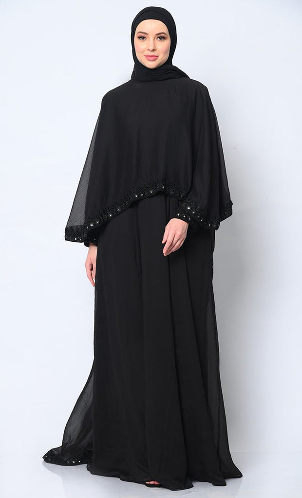 Timeless Beauty: 3Pc Black Embroidered Abaya, Cape, and Dupatta Ensemble - EastEssence.com