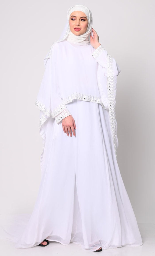 Timeless Beauty 3Pc White Embroidered Abaya, Cape, and Dupatta Ensemble - EastEssence.com