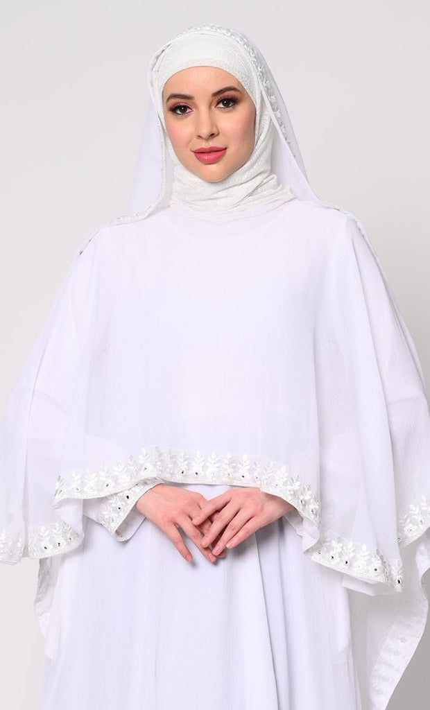 Timeless Beauty 3Pc White Embroidered Abaya, Cape, and Dupatta Ensemble - EastEssence.com