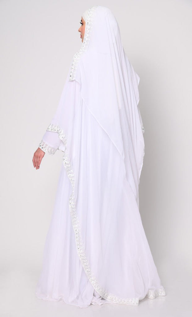 Timeless Beauty 3Pc White Embroidered Abaya, Cape, and Dupatta Ensemble - EastEssence.com