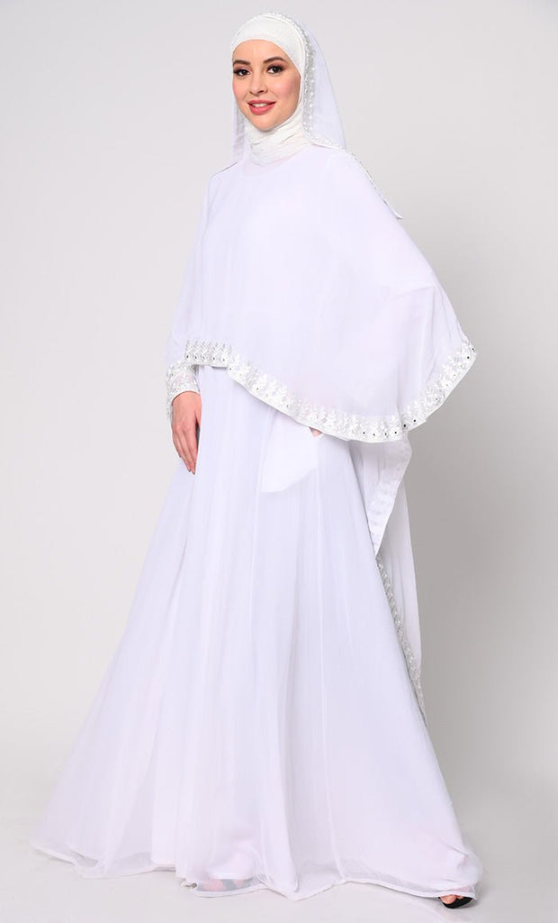 Timeless Beauty 3Pc White Embroidered Abaya, Cape, and Dupatta Ensemble - EastEssence.com