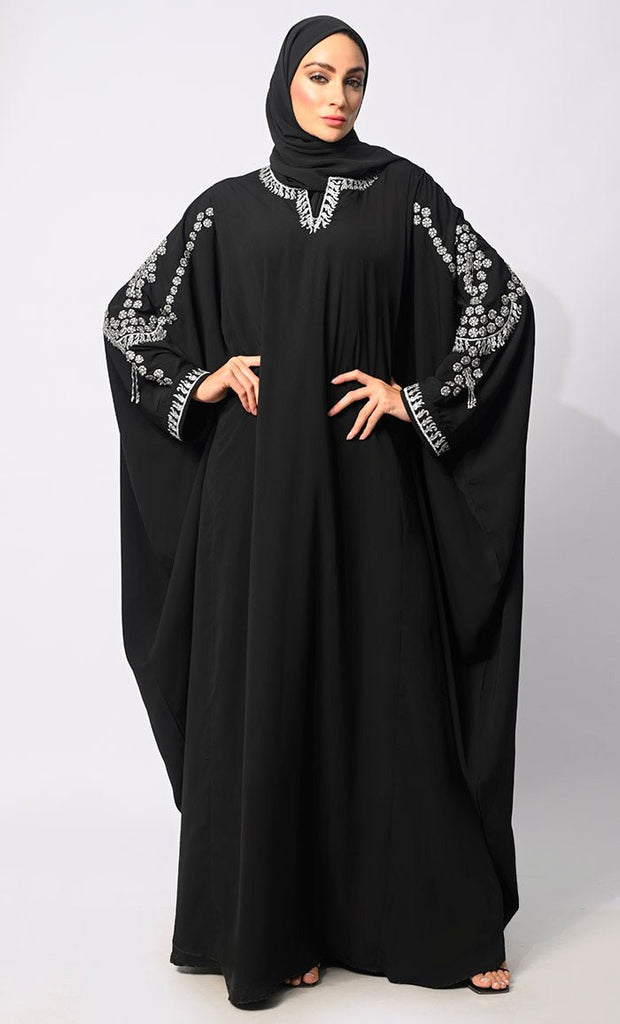 Traditional Arabian Black Farasa Adorned with Sitara Work and Machine Embroidery - EastEssence.com
