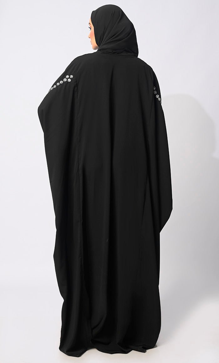 Traditional Arabian Black Farasa Adorned with Sitara Work and Machine Embroidery - EastEssence.com