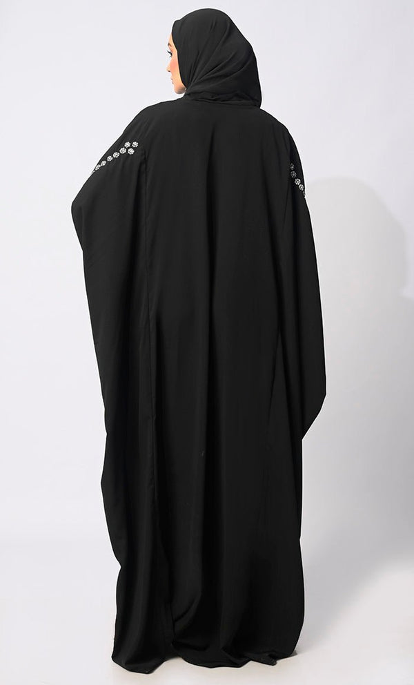 Traditional Arabian Black Farasa Adorned with Sitara Work and Machine Embroidery - EastEssence.com