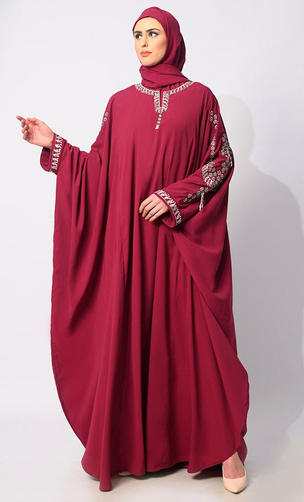 Traditional Arabian Maroon Farasa Adorned with Sitara Work and Machine Embroidery - EastEssence.com