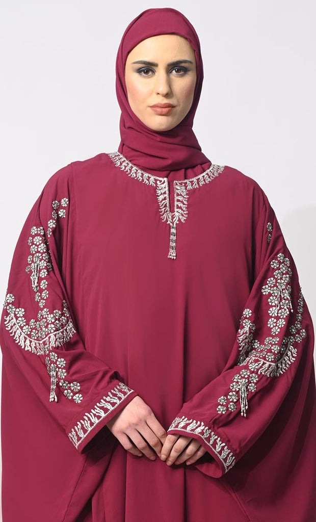 Traditional Arabian Maroon Farasa Adorned with Sitara Work and Machine Embroidery - EastEssence.com