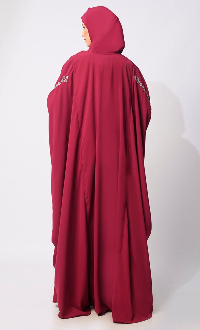 Traditional Arabian Maroon Farasa Adorned with Sitara Work and Machine Embroidery - EastEssence.com