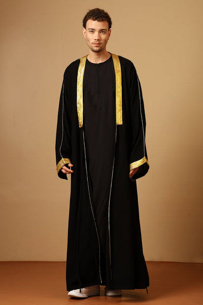 Traditional Arabic Black Bisht without inner with Drawstring Tie