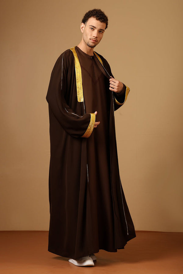 Traditional Arabic Brown Bisht matching inner Set with Drawstring Tie - EastEssence.com