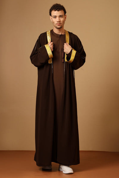 Traditional Arabic Brown Bisht matching inner Set with Drawstring Tie - EastEssence.com