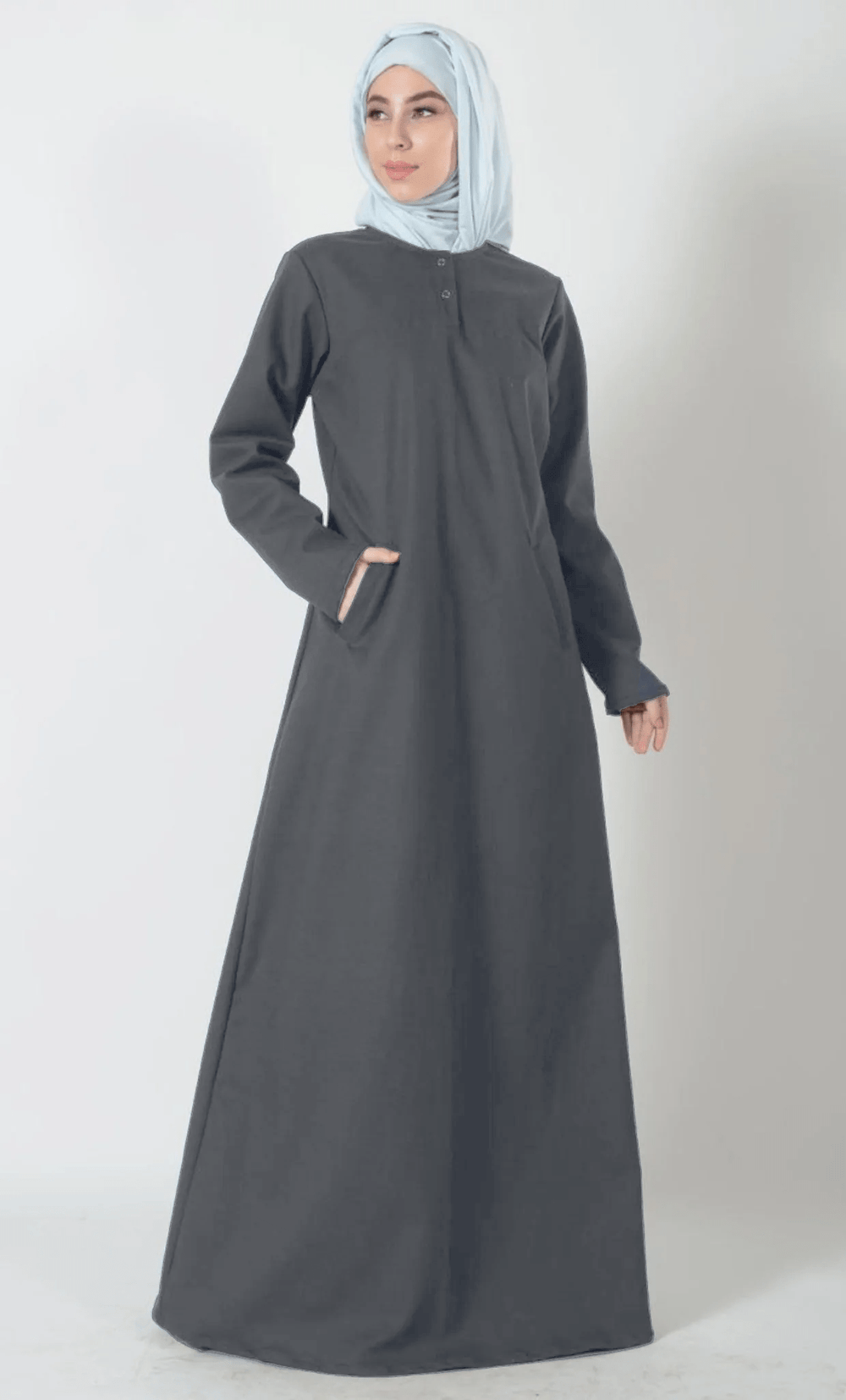 Twinned Button A Line Solid Abaya Dress (Grey) - EastEssence.com