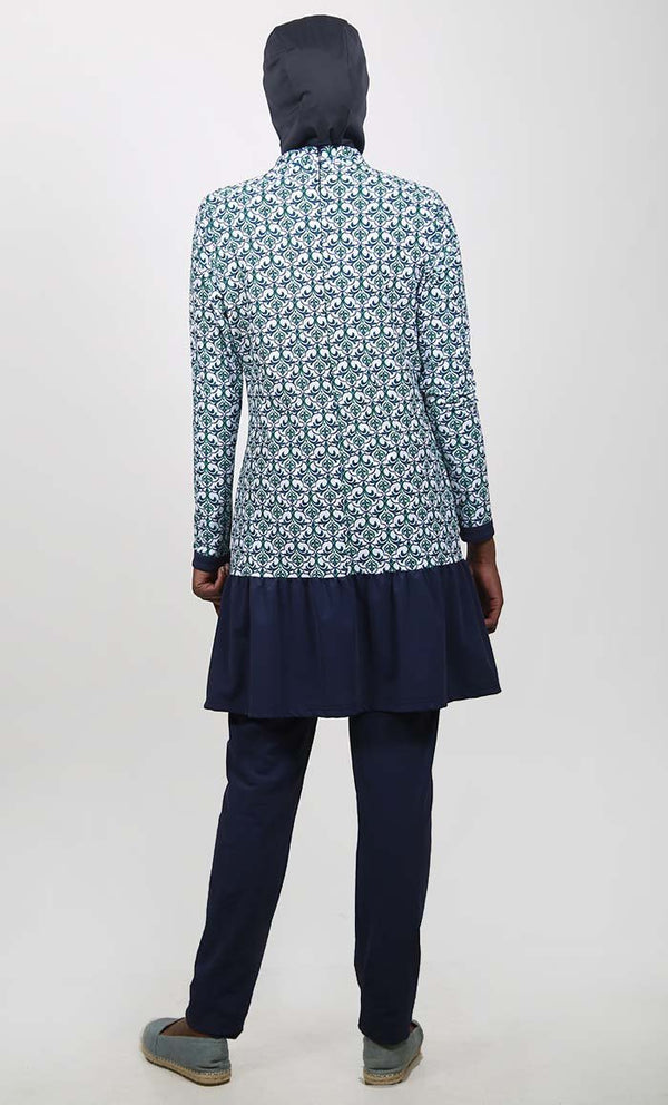 UV Resistant Blue Trefle Printed 3Pc Swimwear Burkini - Final Sale - EastEssence.com