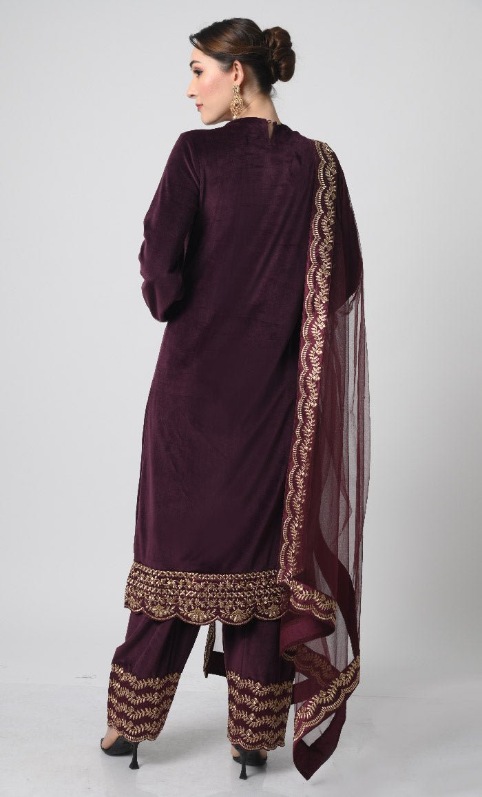 Velour 3 - Piece Eid Dress ??Silver Embroidered Salwar Kameez with Net Dupatta - EastEssence.com