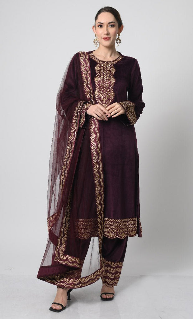 Velour 3 - Piece Eid Dress – Silver Embroidered Salwar Kameez with Net Dupatta - EastEssence.com