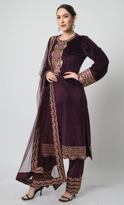 Velour 3 - Piece Eid Dress ??Silver Embroidered Salwar Kameez with Net Dupatta - EastEssence.com