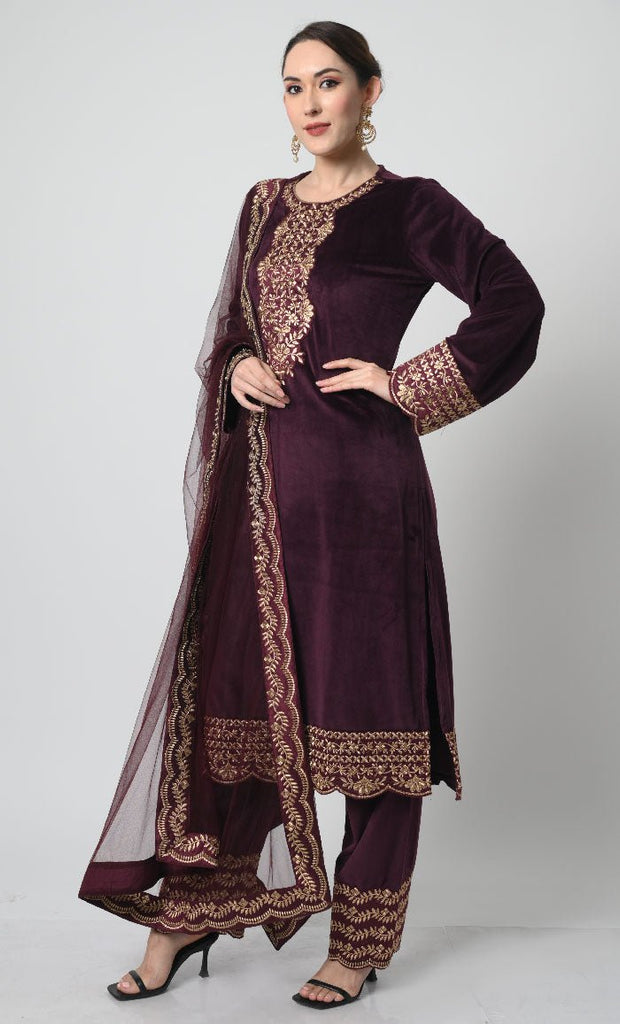 Velour 3 - Piece Eid Dress – Silver Embroidered Salwar Kameez with Net Dupatta - EastEssence.com