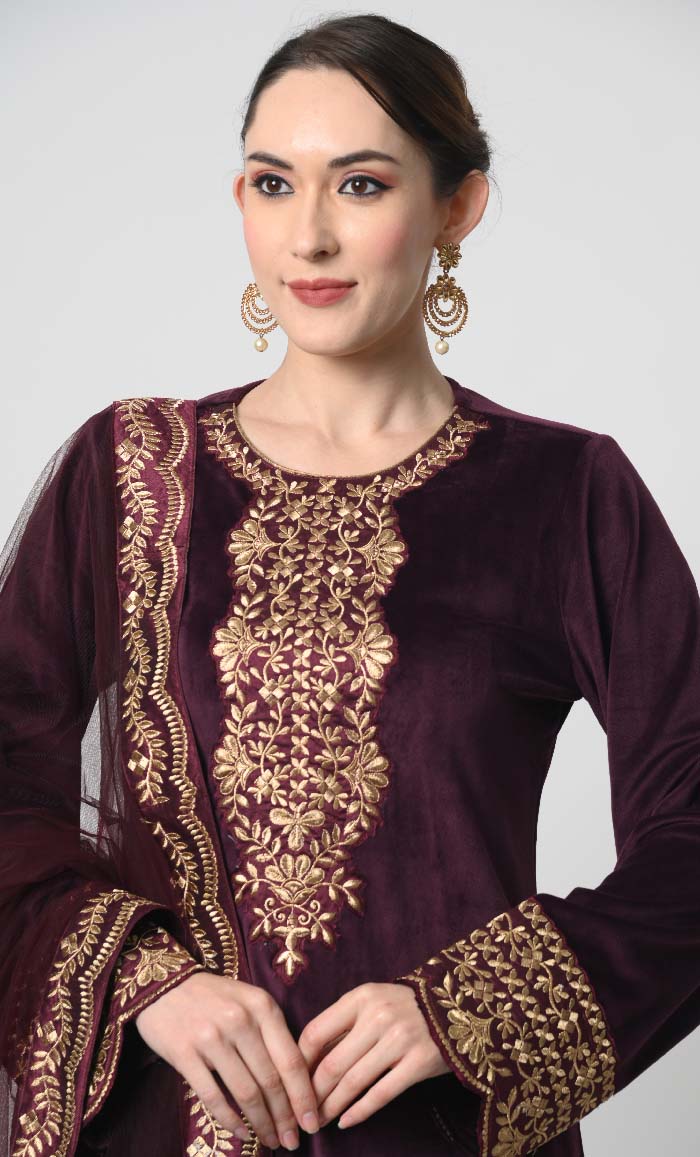 Velour 3 - Piece Eid Dress ??Silver Embroidered Salwar Kameez with Net Dupatta - EastEssence.com