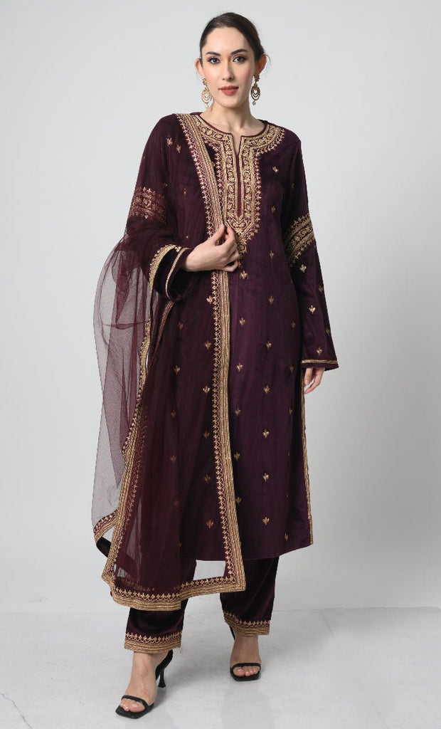 Velour Eid Dress – Gold Embroidered Salwar Kameez with Net Dupatta - EastEssence.com