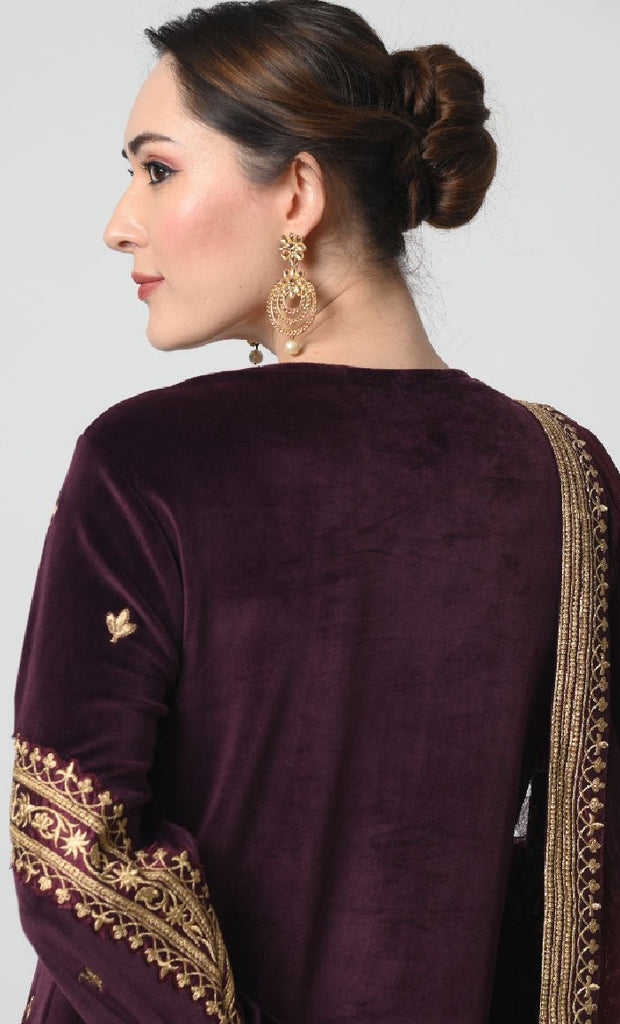 Velour Eid Dress – Gold Embroidered Salwar Kameez with Net Dupatta - EastEssence.com