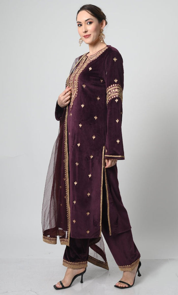 Velour Eid Dress – Gold Embroidered Salwar Kameez with Net Dupatta - EastEssence.com