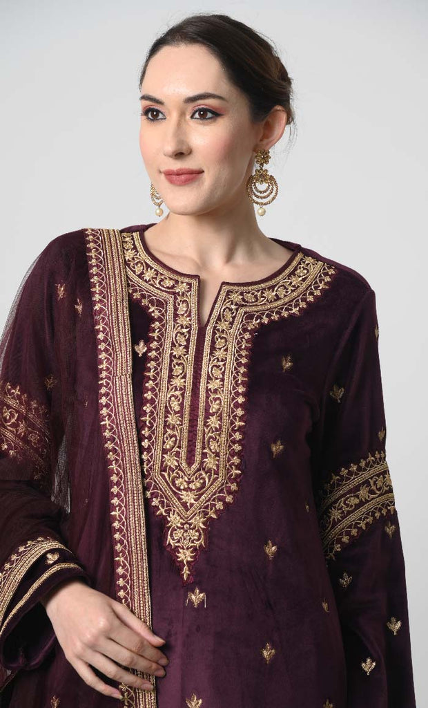 Velour Eid Dress – Gold Embroidered Salwar Kameez with Net Dupatta - EastEssence.com