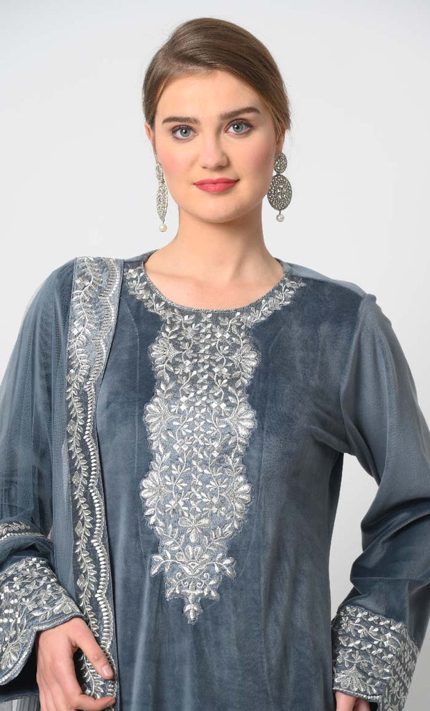 Velour Eid Dress – Silver Embroidery on Kameez and Pant, Net Dupatta - EastEssence.com