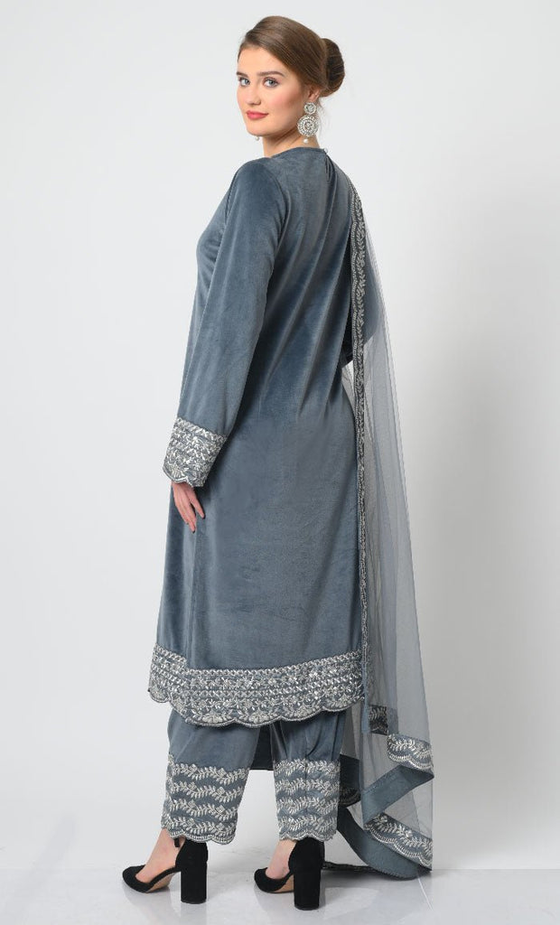 Velour Eid Dress – Silver Embroidery on Kameez and Pant, Net Dupatta - EastEssence.com