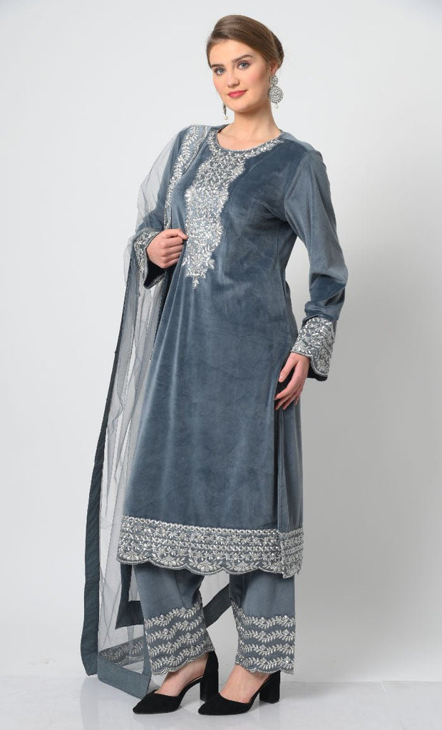 Velour Eid Dress – Silver Embroidery on Kameez and Pant, Net Dupatta - EastEssence.com