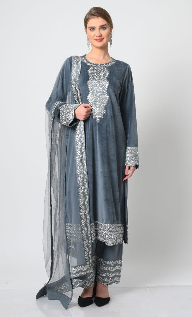 Velour Eid Dress – Silver Embroidery on Kameez and Pant, Net Dupatta - EastEssence.com